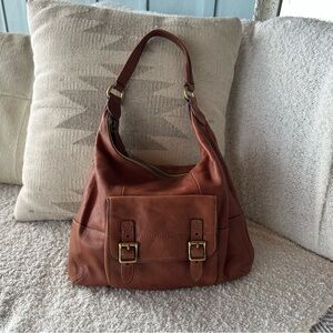Fossil Chestnut Brown Leather Shoulder Bag with Front Buckle Pocket